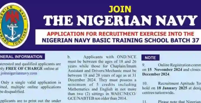 Nigerian Navy Opens 2024 Recruitment for Basic Training School Batch 37